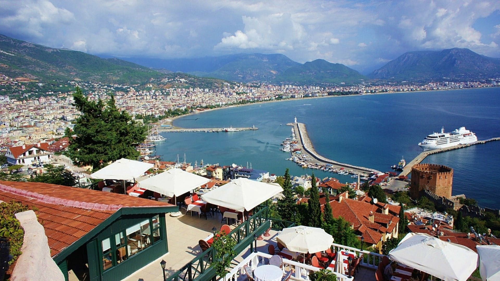 Alanya rooftops with the bay and mountains in the distance